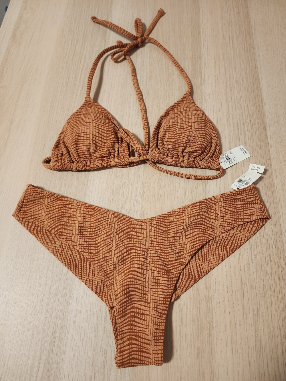 NWT Aerie Jacquard String Triangle Bikini Set Rust Brown Textured 2025 Medium